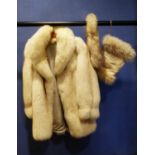 THREE-QUARTER LENGTH CREAM FOX FUR COAT, approximately UK size 16 and a similar coloured fur trimmed