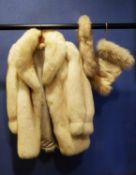 THREE-QUARTER LENGTH CREAM FOX FUR COAT, approximately UK size 16 and a similar coloured fur trimmed