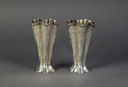 PAIR OF CONTINENTAL CHASED SILVER PLATED HEXAFOIL TRUMPET VASES