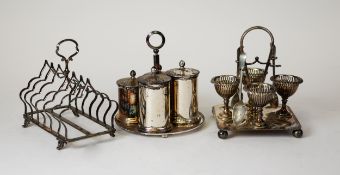 ELECTROPLATE EGG CRUET FRAME with four egg cups and three spoons; an Italian ELECTROPLATE CRUET