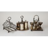 ELECTROPLATE EGG CRUET FRAME with four egg cups and three spoons; an Italian ELECTROPLATE CRUET