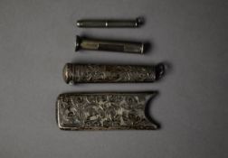 FOUR SMALL PIECES OF VICTORIAN AND LATER HALLMARKED SILVER, comprising: HOLDER, scroll engraved,