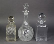 VICTORIAN CUT GLASS SKITTLE SHAPED WINE DECANTER, wheel engraved with vine leaves and the stopper