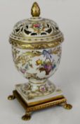 EARLY 20TH CENTURY CONTINENTAL, SEVRES STYLE, PORCELAIN POT POURRI PEDESTAL VASE, on gilt metal