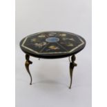 CIRCULAR COFFEE TABLE WITH BLACK SLATE TOP, decorated to imitate pietra dura, on four brass caryatid