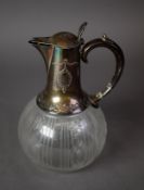 VICTORIAN CLARET JUG, with cut glass globular body, silver long neck with pouring lip, hinged