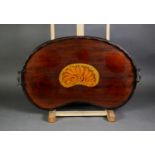 EDWARDIAN INLAID MAHOGANY KIDNEY SHAPED TWO HANDLED TRAY, with shell inlay to the centre and brass