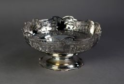 SILVER CIRCULAR PEDESTAL FRUIT BOWL, with intricately cut card pierced sides with shaped edge,