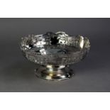 SILVER CIRCULAR PEDESTAL FRUIT BOWL, with intricately cut card pierced sides with shaped edge,