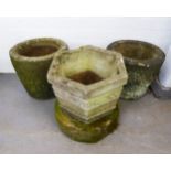 TWO RECONSTITUTED STONE HEXAGONAL TAPERING GARDEN VASES, with embossed floral girdle, 1ft 2 1/2in (