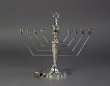 SILVER MENORAH WITH NINE SOLID ANGULAR CANDLE BRACKETS, urn pattern centre with Star of David finial