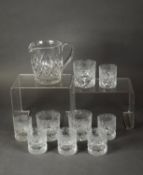 CUT GLASS WATER JUG; a set of 6 diamond cut and fruiting vine engraved SMALL TUMBLERS and 3 matching