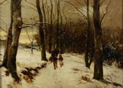 DAVID BATES (1840?1921) OIL PAINTING ON BOARD ?Near Malvern?, man and girl walking through trees, in