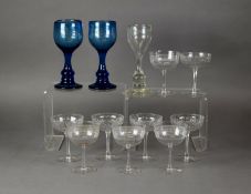 NINE SAUCER CHAMPAGNE GLASSES, in two patterns; a pair of blue glass stem goblets and a plain