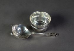 SILVER TEA STRAINER, with cut card pierced handle and the bowl stand, Sheffield 1966 & 1967, 2 ¾ ozs