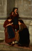 LUIGI MION (c.1850-c.1920) OIL PAINTING ON PANEL Group of three girls in a huddle outside a building