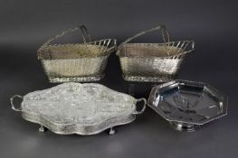 ELECTROPLATE SERPENTINE OVAL, TWO-HANDLED HORS D?OEUVRES GALLERY TRAY, with five moulded glass