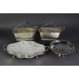 ELECTROPLATE SERPENTINE OVAL, TWO-HANDLED HORS D?OEUVRES GALLERY TRAY, with five moulded glass