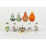 SMALL SELECTION OF EIGHT CHINESE PORCELAIN AND ONE OVERLAY GLASS SNUFF BOTTLES (9)