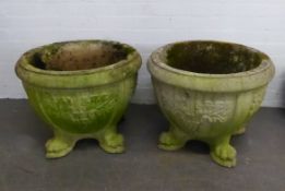 PAIR OF LARGE CIRCULAR RECONSTITUTED STONE DEEP BOWL SHAPED GARDEN VASES, with fruiting vine
