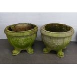 PAIR OF LARGE CIRCULAR RECONSTITUTED STONE DEEP BOWL SHAPED GARDEN VASES, with fruiting vine