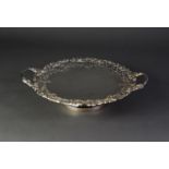 SILVER TWO-HANDLED PEDESTAL CAKE STAND, with broad cut card pierced fruiting vine border and