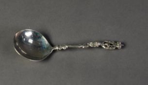 CONTINENTAL SILVER SERVING SPOON, with shallow circular bowl, cast handle with female figure top