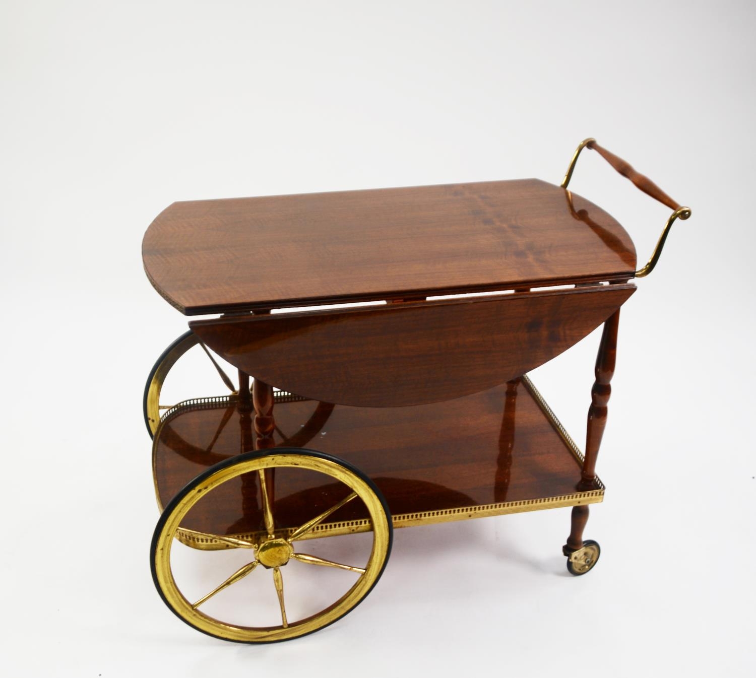 GILT METAL COCKTAIL TROLLEY with large and small wheels