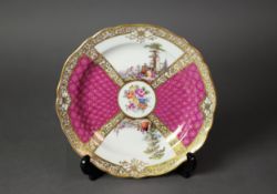 20th CENTURY MEISSEN PLATE with opposing Watteauesque panels and rose pink diapering, richly gilt,