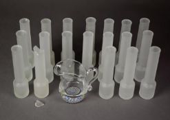 NINETEEN FROSTED GLASS CYLINDRICAL SPECIMEN VASES and a GLASS CREAM JUG with millefiore base