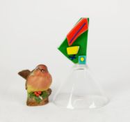 AYNSLEY CHINA MODEL OF A ROBIN and a cocktail glass with abstract pattern, coloured glass triangular