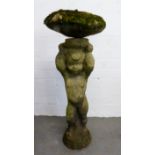 RECONSTITUTED STONE BIRDBATH with 12in (30.4cm) circular bowl on putto column and circular base,