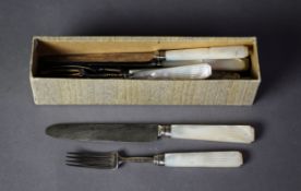 SET OF SIX GEORGE III FRUIT KNIVES AND SIX FORKS wiht silver blades and tines, carved mother of