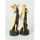 AFTER E. PREISS, PAIR OF PATINATED BRONZE AND IVORINE CLASSICAL FEMALE FIGURES, each modelled