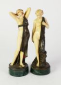 AFTER E. PREISS, PAIR OF PATINATED BRONZE AND IVORINE CLASSICAL FEMALE FIGURES, each modelled