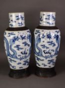 PAIR OF CHINESE QING DYNASTY PORCELAIN ARCHAISTIC ?CRACKLE? WARE VASES, each painted in underglaze