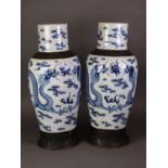 PAIR OF CHINESE QING DYNASTY PORCELAIN ARCHAISTIC ?CRACKLE? WARE VASES, each painted in underglaze