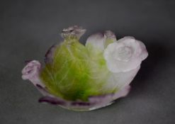 MODERN DAUM PATE DE VERRE MOULDED AMETHYST AND GREEN GLASS SMALL DISH, of petal form, mounted with