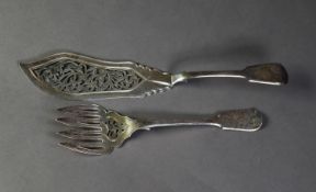 PAIR VICTORIAN SILVER FISH SERVERS, with cut card pierced blades, fiddle handles, London 1858,