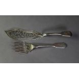 PAIR VICTORIAN SILVER FISH SERVERS, with cut card pierced blades, fiddle handles, London 1858,