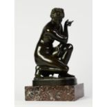 NINETEENTH CENTURY PATINATED KNEELING CLASSICAL FEMALE NUDE, modelled with an urn at her side,