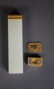 MODERN ORIENTAL JADE COLOURED GILT METAL MOUNTED HARDSTONE OBLONG TABLET OR REST, 5 ¾? (14.6cm) long