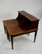 PAIR OF LOUIS XVI STYLE LINE INLAID MAHOGANY BEDSIDE TABLES, with brass mounts, raised canopy backs,