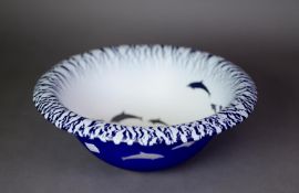 PROBABLY MURANO, STYLISH, MODERN WHITE CASED BLUE STUDIO GLASS STEEP SIDED BOWL, carved to the