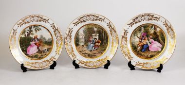 SET OF THREE 19TH CENTURY CONTINENTAL CHINA CABINET PLATES, painted with lady and gallant in