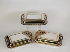PAIR OF ELECTROPLATE OBLONG ENTRÉE DISHES and two handled covers and another with heavy gadroon
