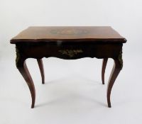 LOUIS XVI STYLE WALNUT SERPENTINE OBLONG FLAP-TOP TEA OR GAMES TABLE, with floral marquetry inlaid