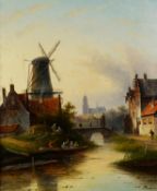 JACOB JAN COENRAAD SPOHLER (1837- 1923) OIL PAINTING ON BOARD Dutch town with windmill, river and
