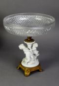 STUD CUT GLASS CIRCULAR TABLE CENTRE FRUIT BOWL, with ormolu stem, on a parian column with two