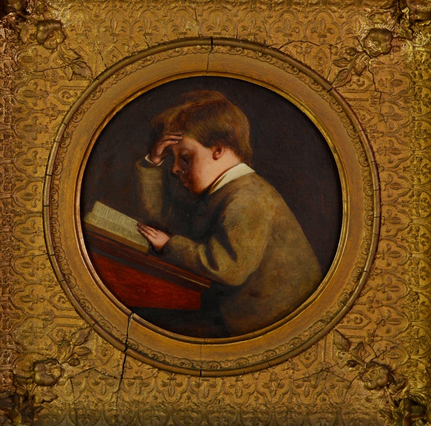RICHARD ABBOTT PAIR OF CIRCULAR OIL PAINTINGS ON BOARD ?The Studious Boy? ?The Idle Boy? Labelled
